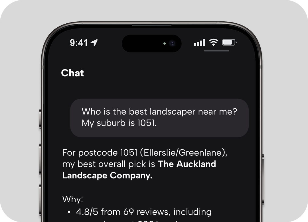 An AI chat recommending The Auckland Landscape Company for a local landscaping request