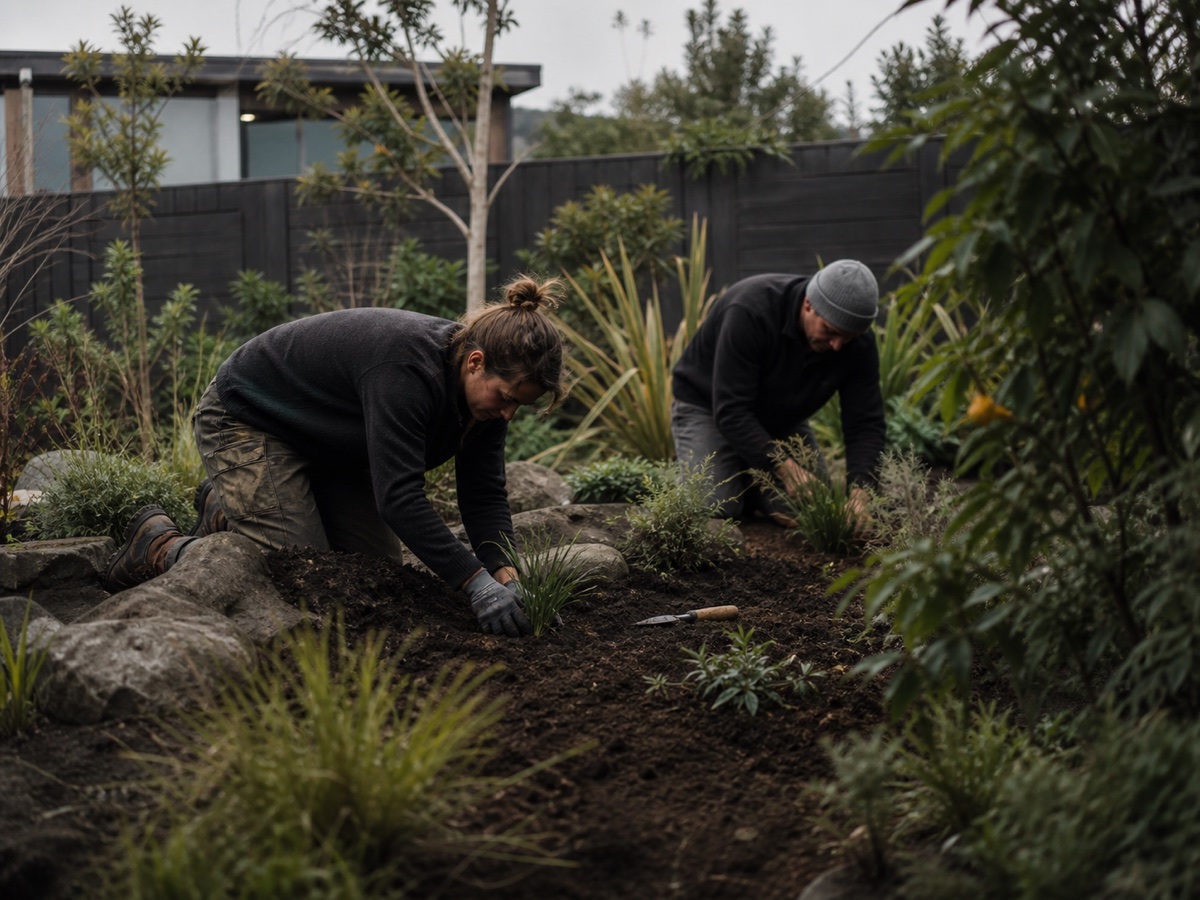 Two New Zealand landscapers planting a garden